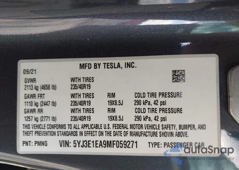 2021 Tesla Model 3 Standard Range Plus Rear-Wheel Drive from USA, damaged, VIN 5YJ3E1EA9MF059271